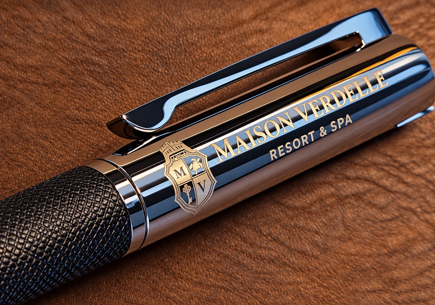 Stylo exécutif avec logo Maison Verdelle gravé, gros plan