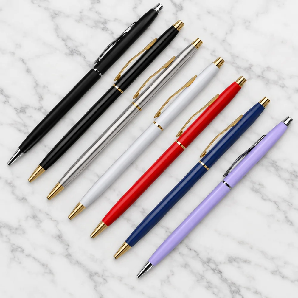 Stylos minces en métal à garniture or en noir, argent, blanc, rouge, marine et lilas