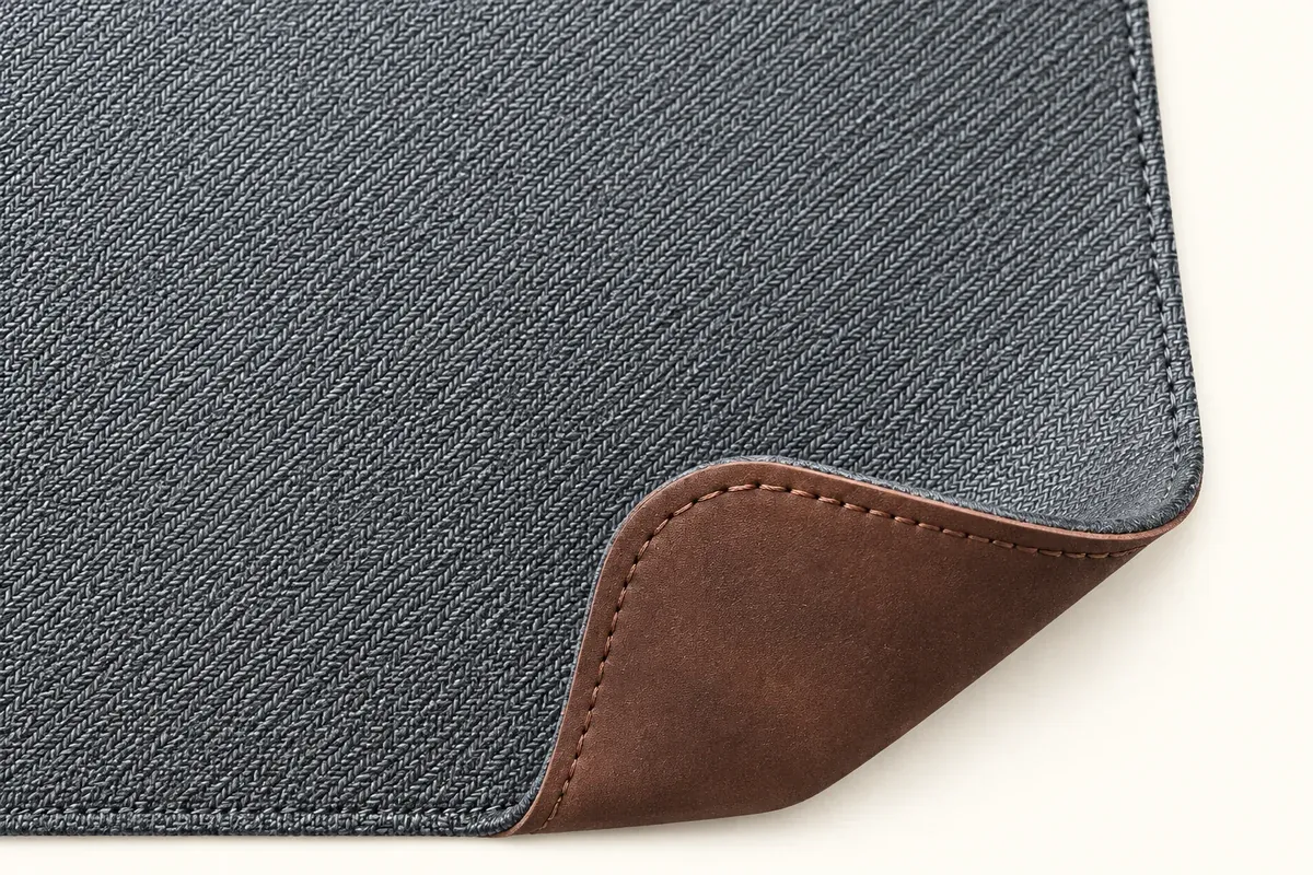 Dos du tapis de bureau : base tissée antidérapante et coin en cuir