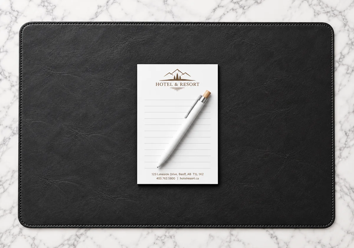 Tapis de bureau noir avec bloc-notes et stylo personnalisés