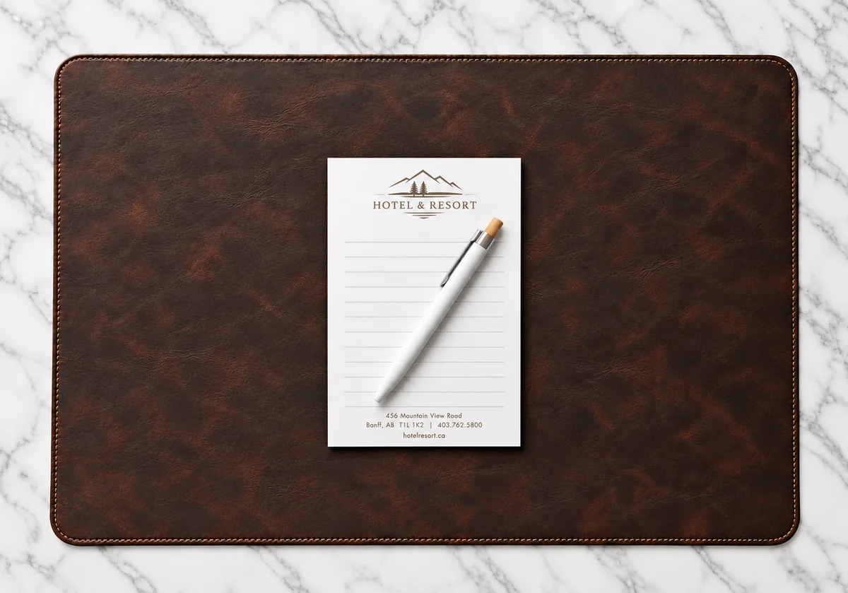 Tapis de bureau brun avec bloc-notes et stylo personnalisés