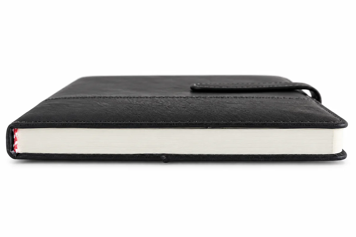 Side view of the black notebook: 200 pages