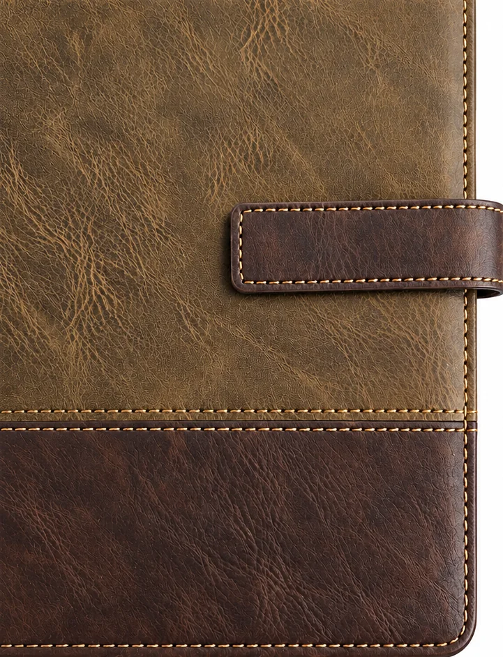 Brown executive notebook: magnetic strap and contrast stitching