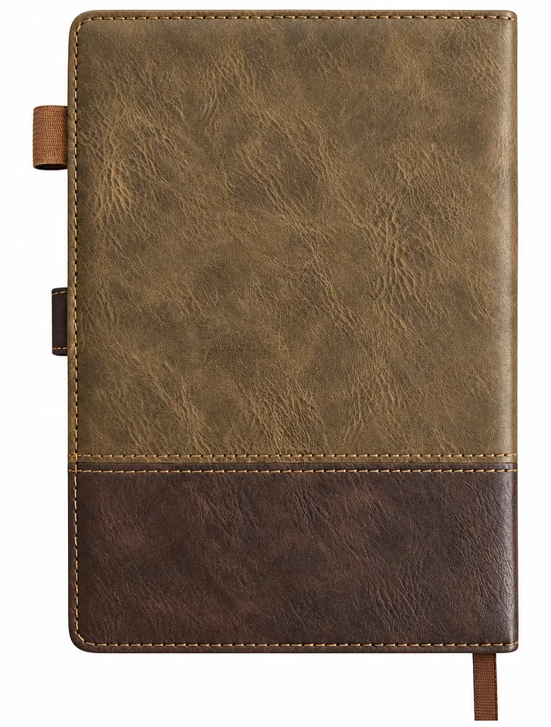 Back cover of the brown executive notebook with pen loop and ribbon