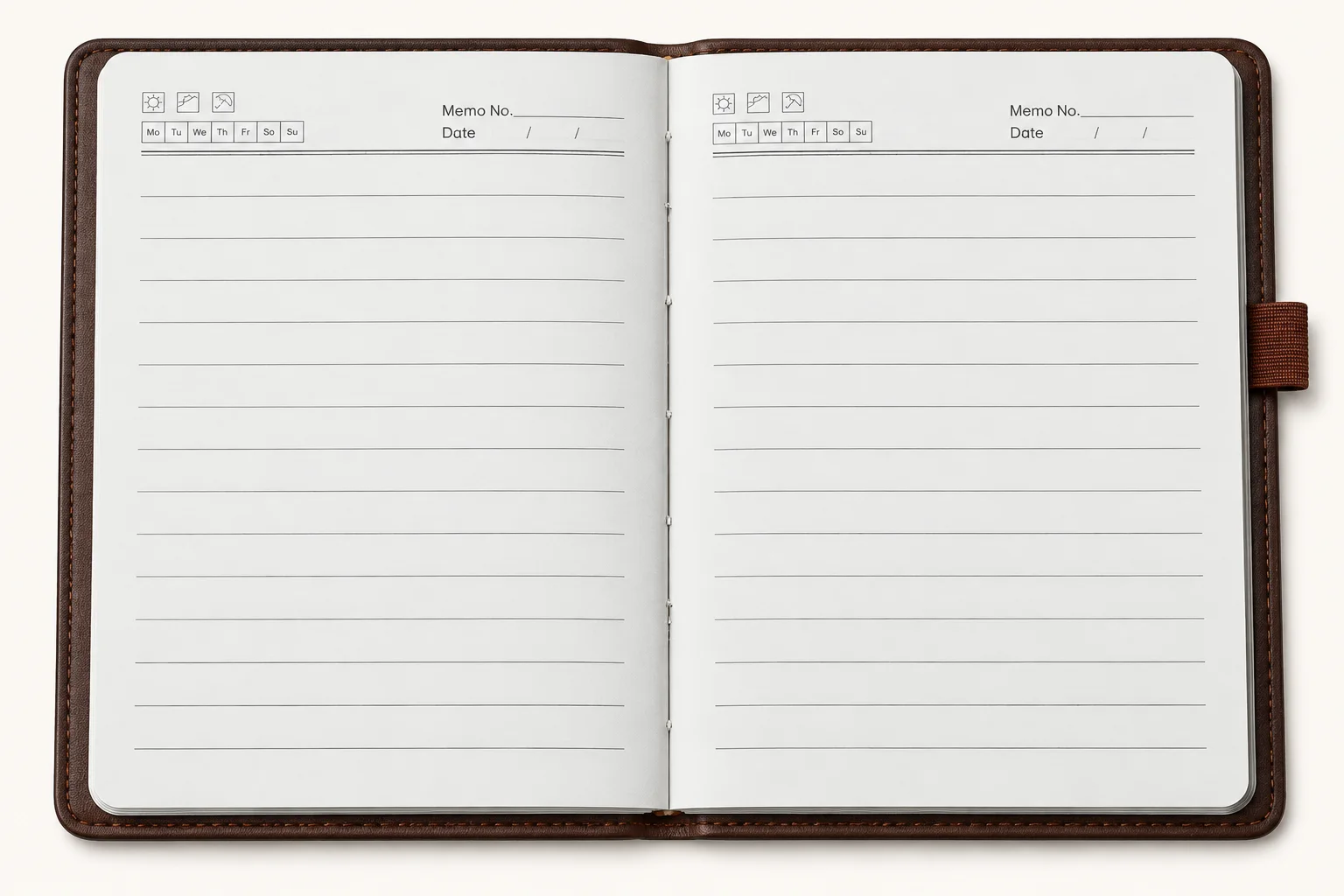 Inside the executive notebook: lined pages with memo number and date header