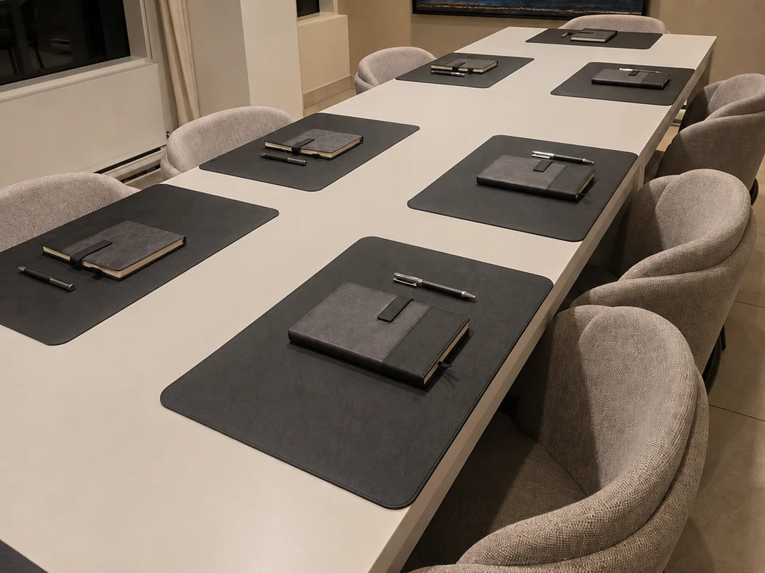 Black VIP Setup on a boardroom table: desk pads, notebooks and pens at every seat