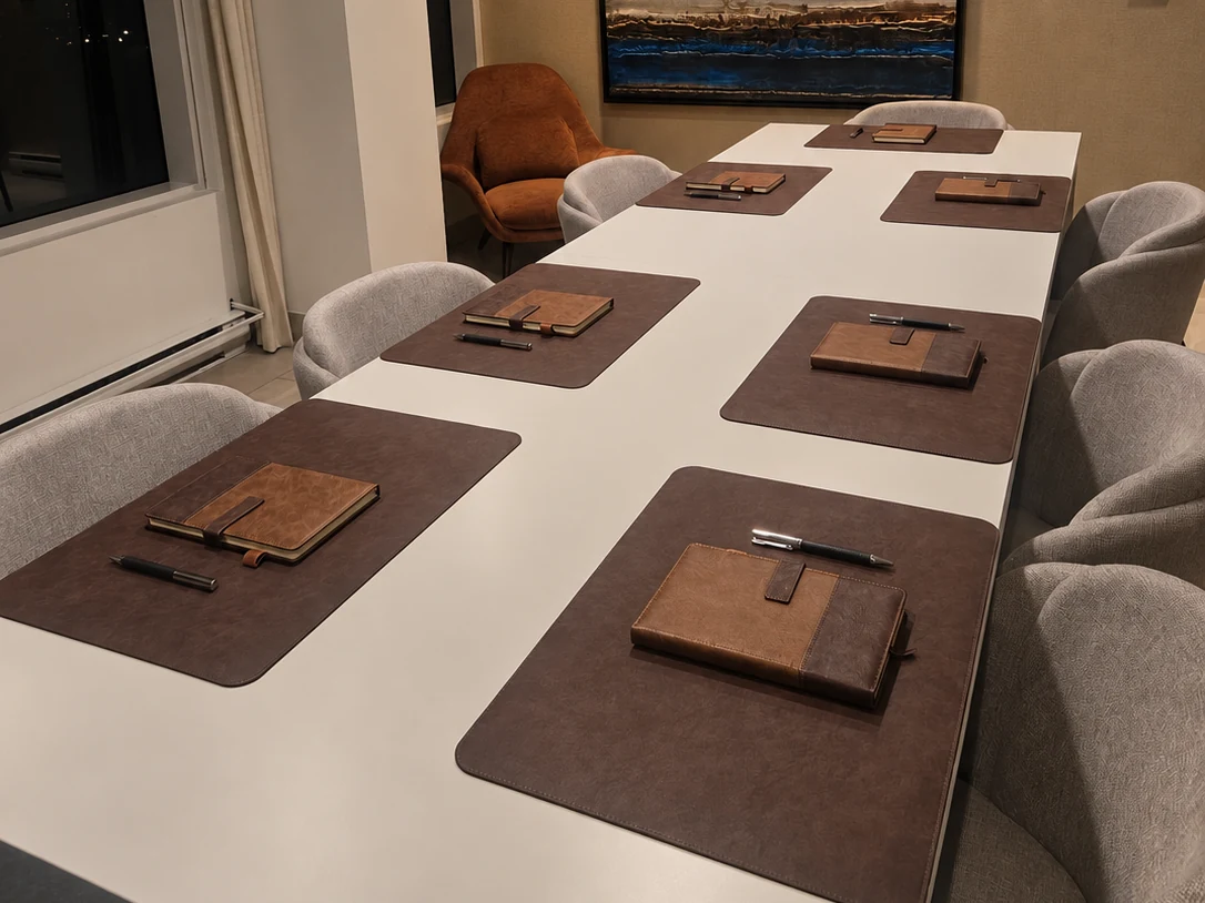 Brown VIP Setup on a boardroom table: desk pads, notebooks and pens at every seat