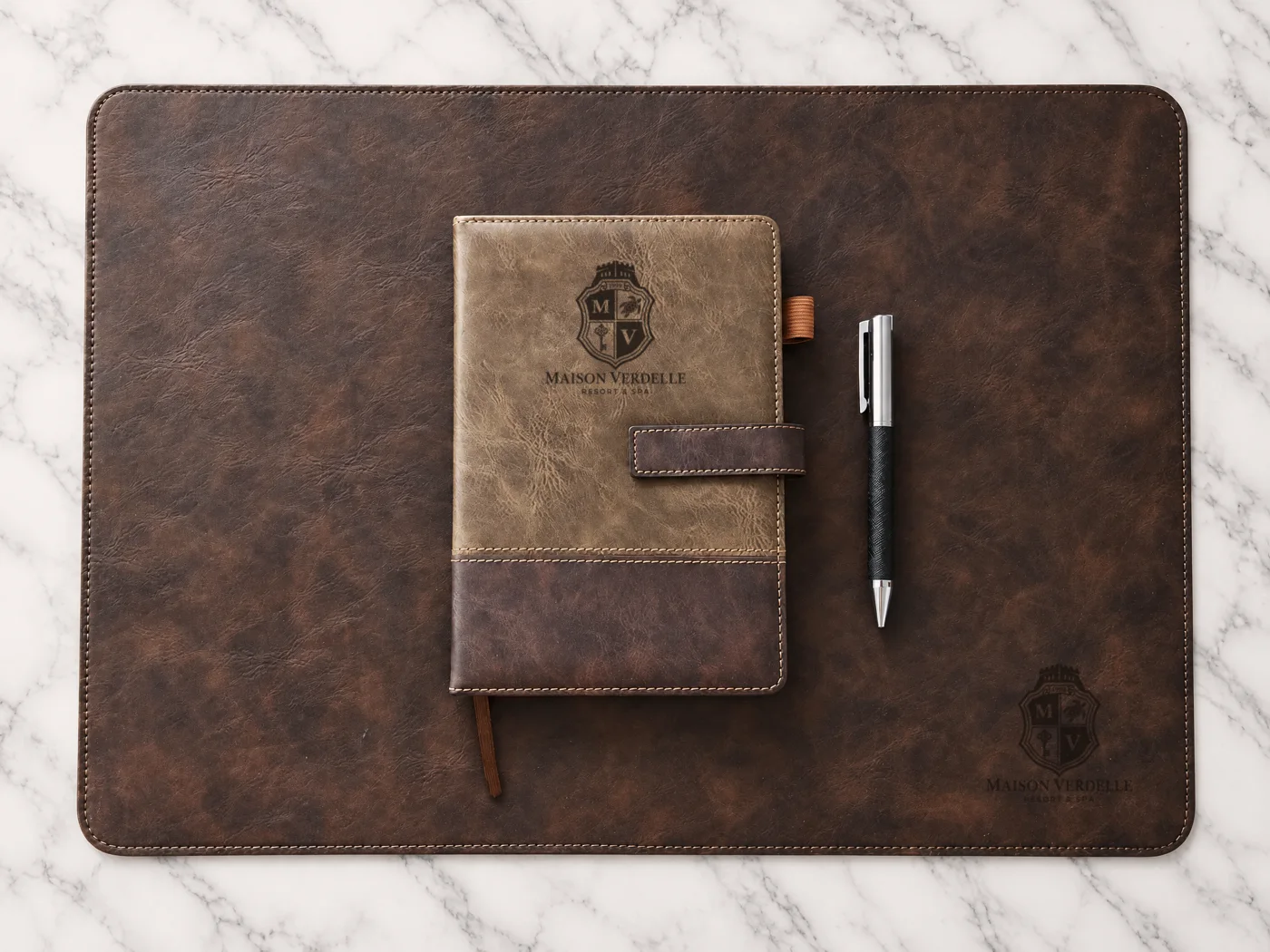 VIP Setup in brown leather: executive desk pad, branded notebook and pen